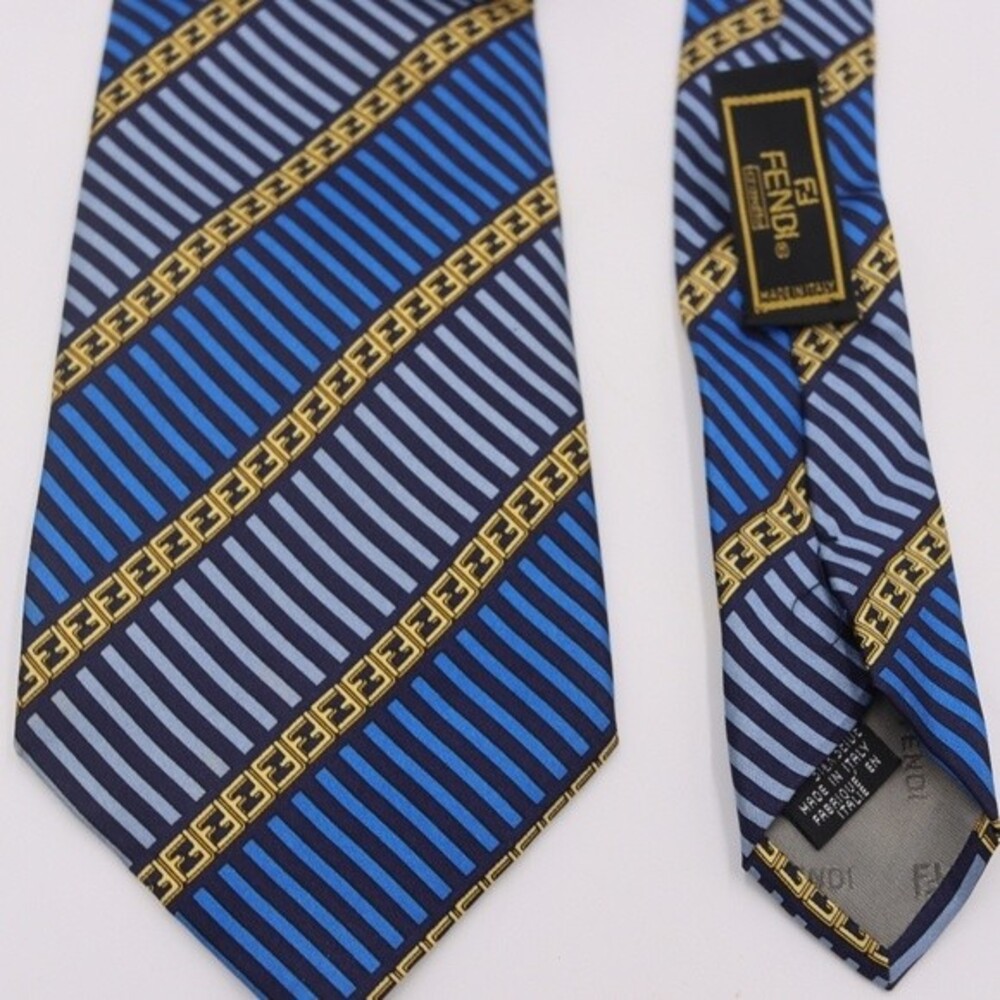 Fendi Cravatte Vintage 80s Blue & Gold Chain Stripe Pattern Silk Designer Neck T